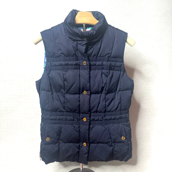 Lilly Pulitzer Isabelle Midnight Navy Down Vest Blue Iris Mai Tai Lining Size S - Picture 4 of 13